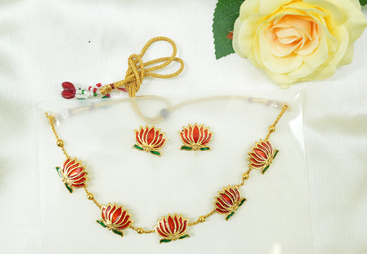 Gold-Plated Lotus Necklace and Earrings Set