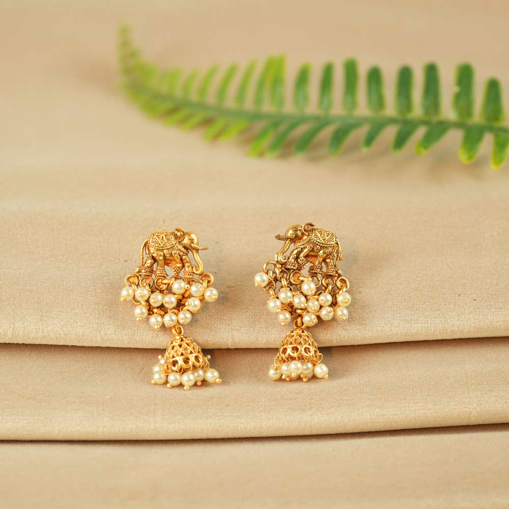 Elephant Motif Pearl Jhumka Earrings
