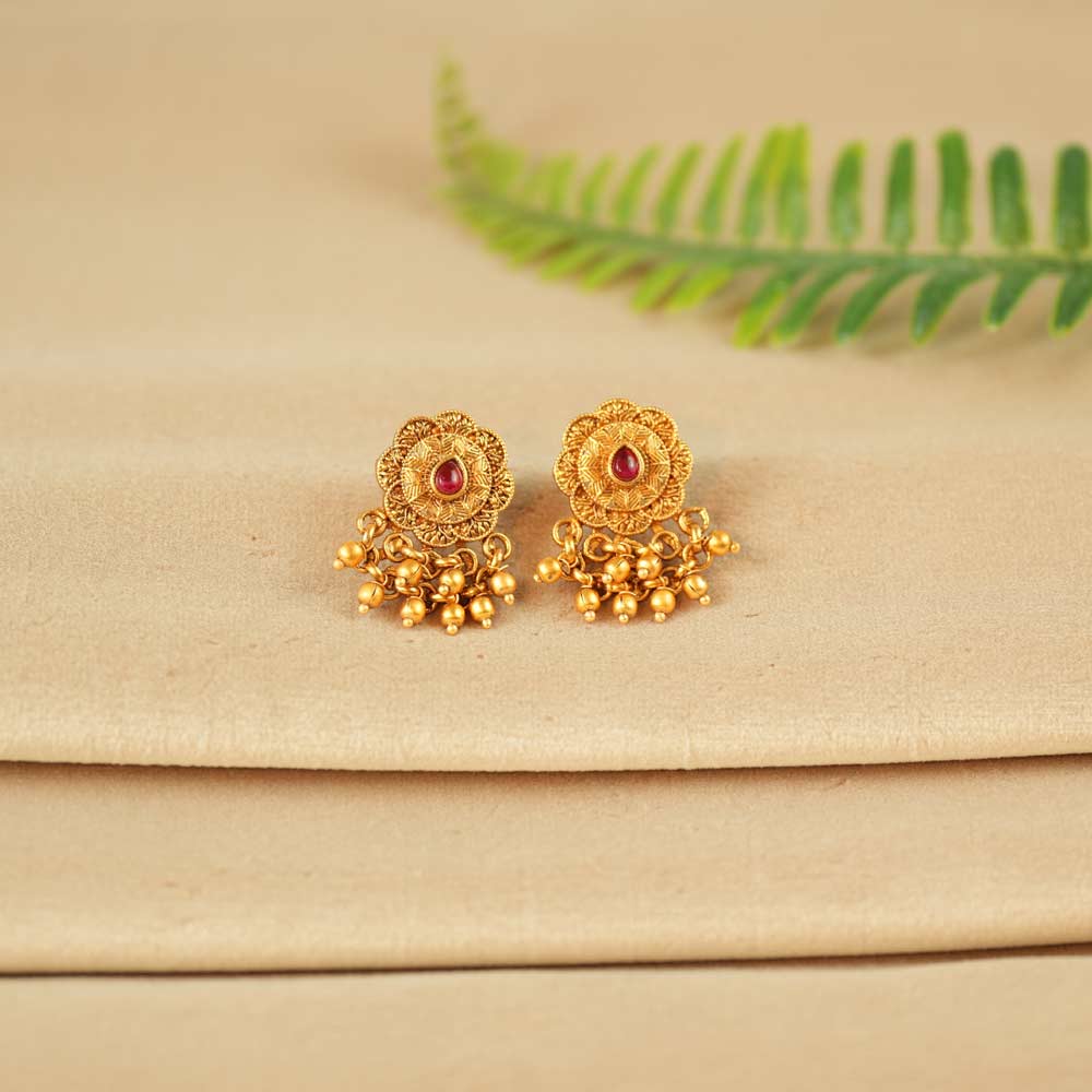 Floral Stud Earrings with Beaded Danglers