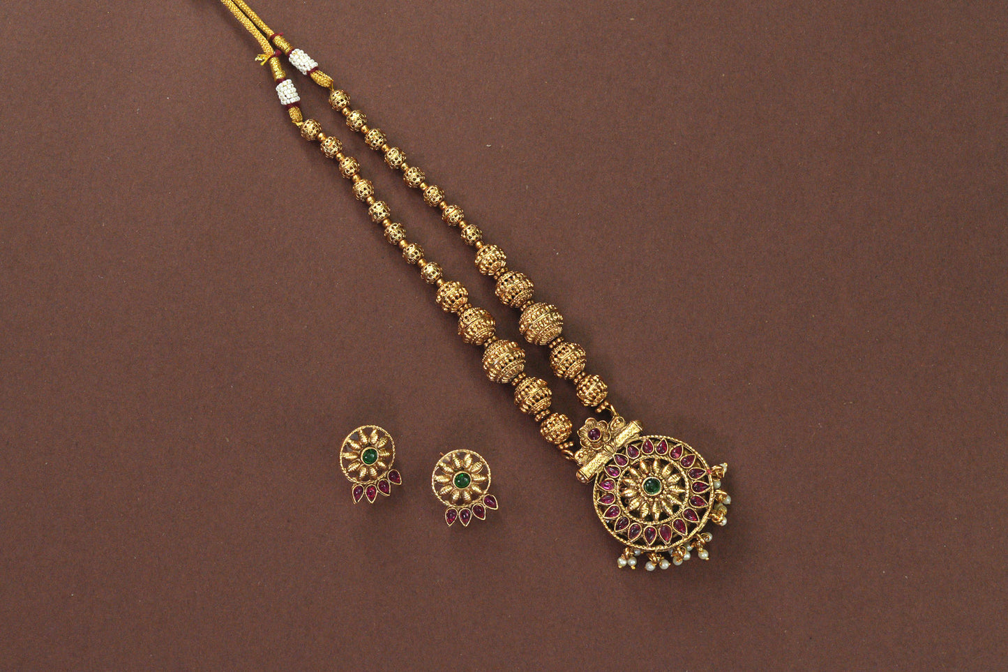 Reversible Temple Necklace round pendant Set with Dual Earrings