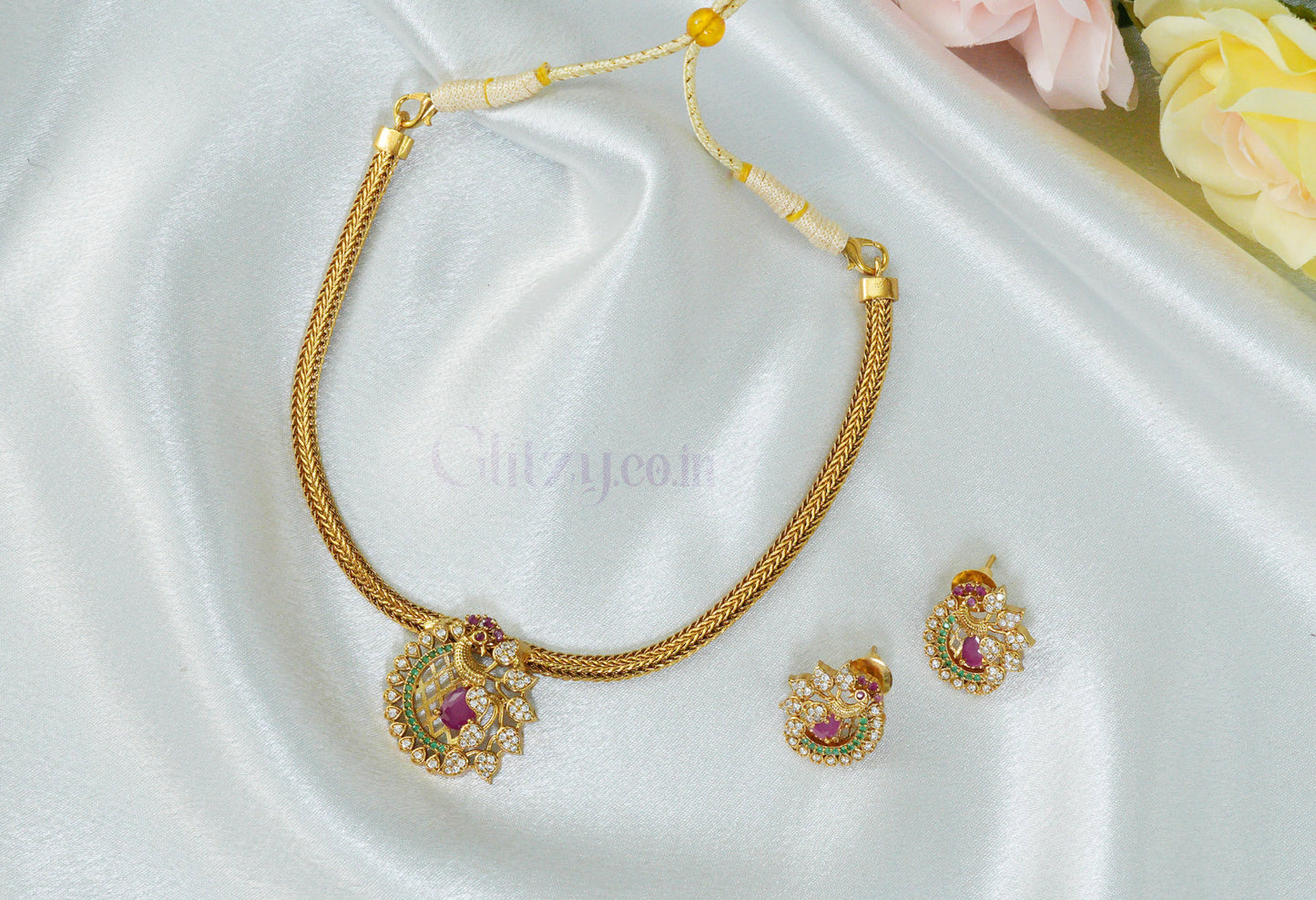 Peacock Glow AD Necklace Set