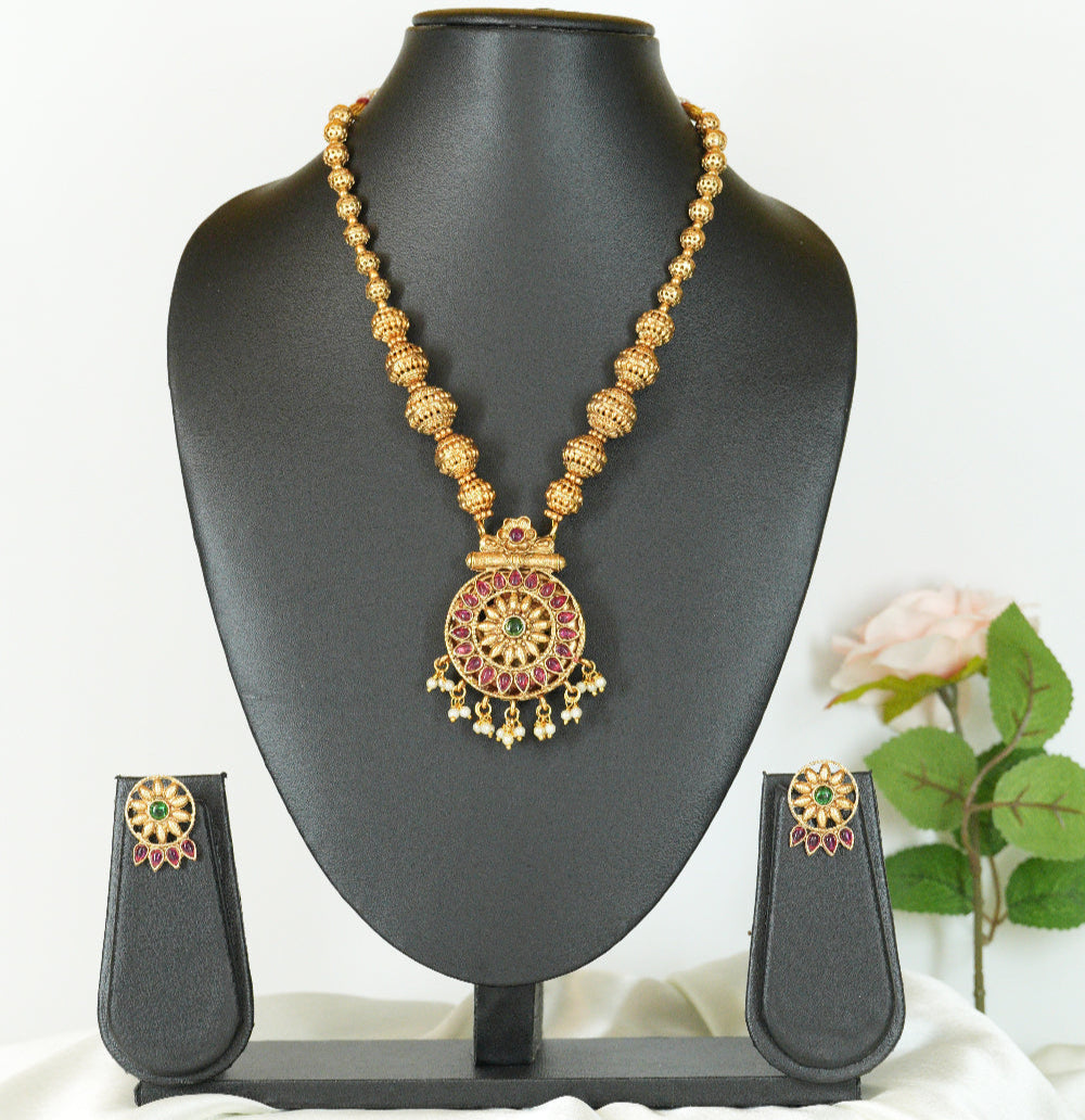 Reversible Temple Necklace round pendant Set with Dual Earrings