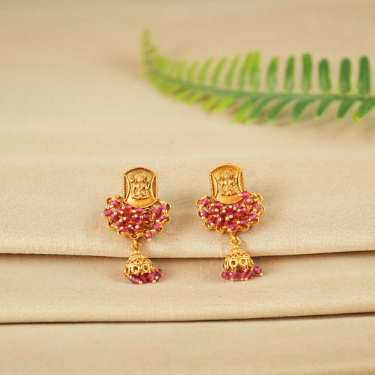 Lakshmi Temple Jhumka Earrings with Pink Beads