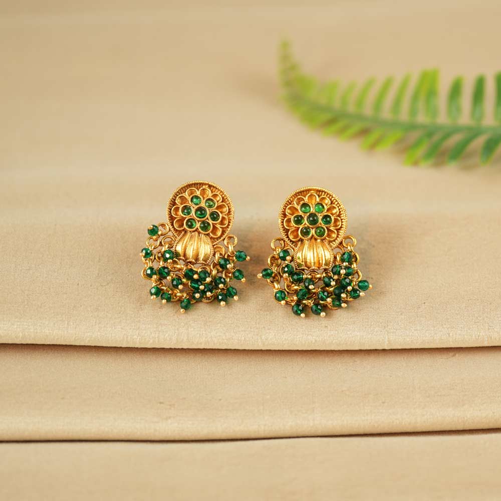 Green Floral Motif Beaded Earrings