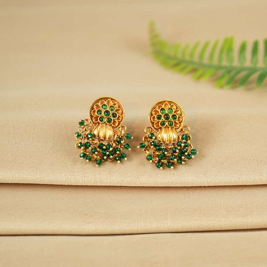Green Floral Motif Beaded Earrings