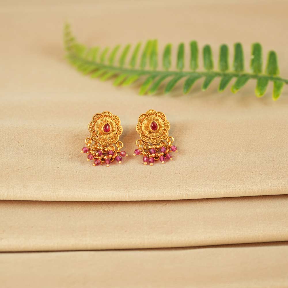 Floral Stud Earrings with Beaded Danglers