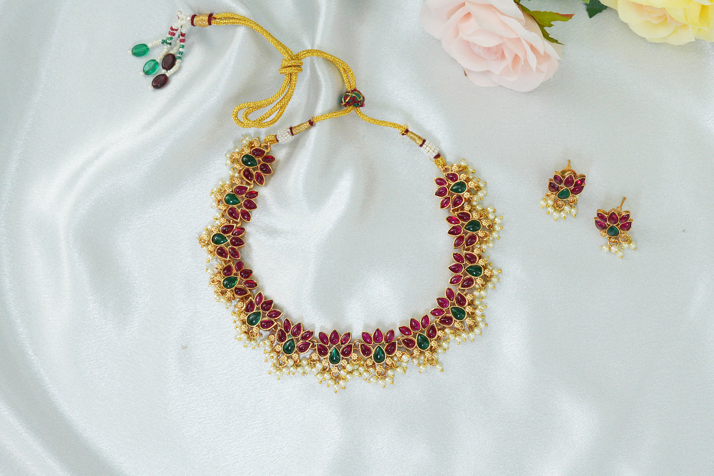 Padmita Ruby-Green Floral Necklace Set