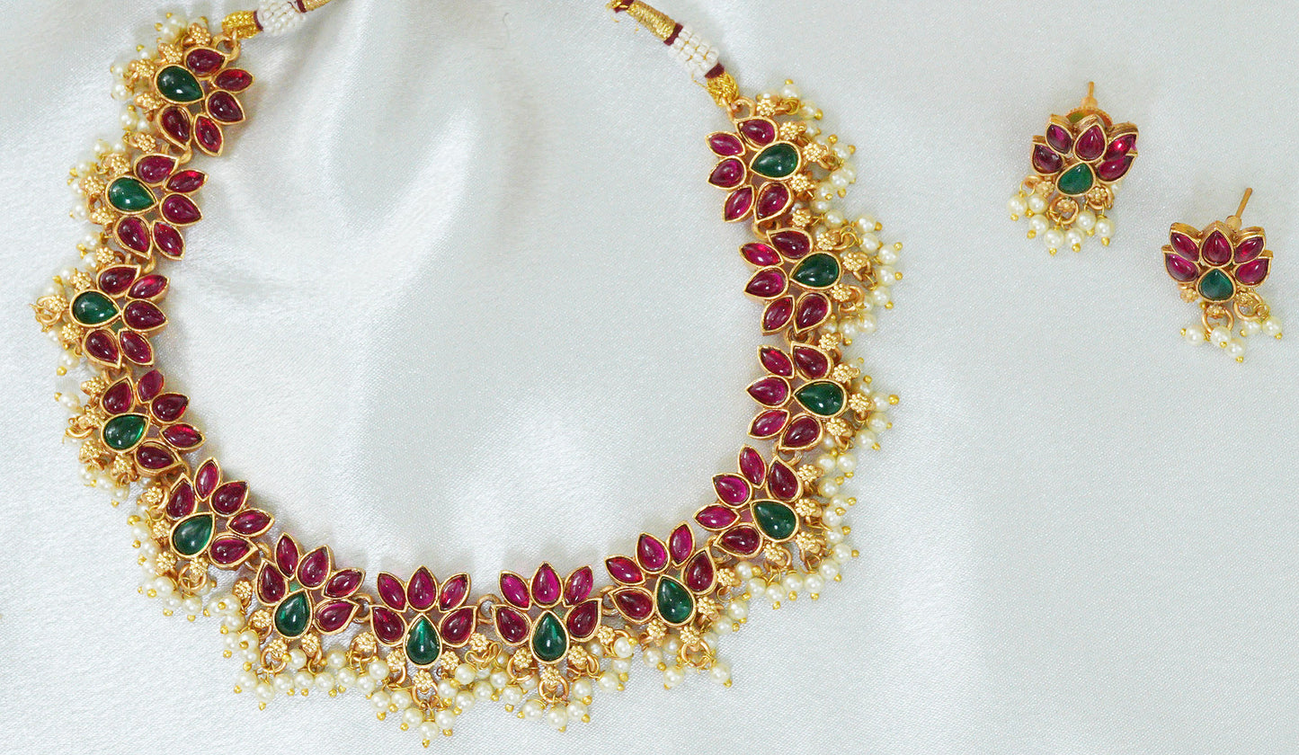 Padmita Ruby-Green Floral Necklace Set