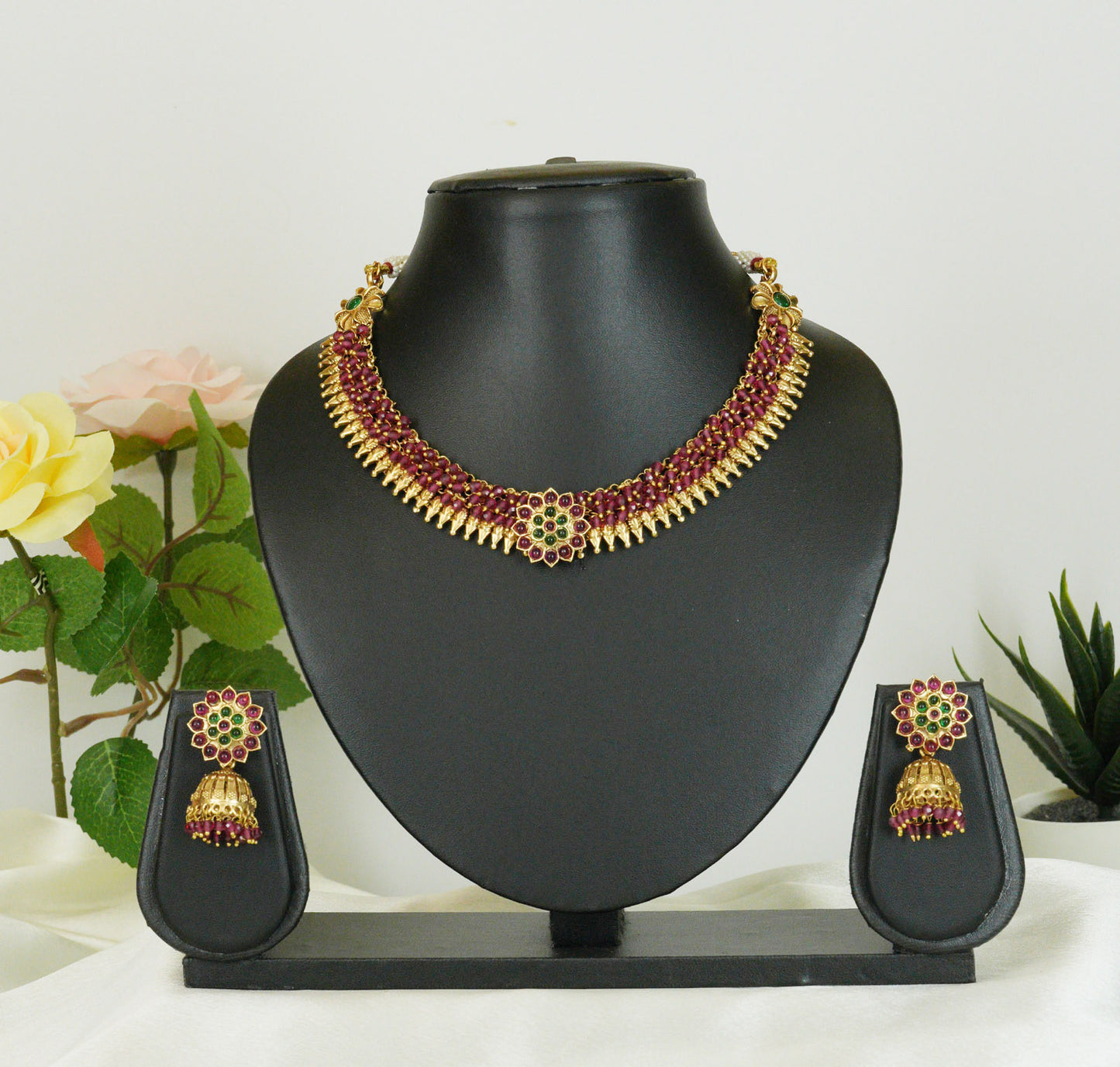 Ranjani Ruby Floral Necklace Set
