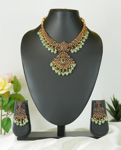Ruby Mint Green Chandbali Necklace Set