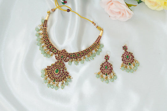 Ruby Mint Green Chandbali Necklace Set
