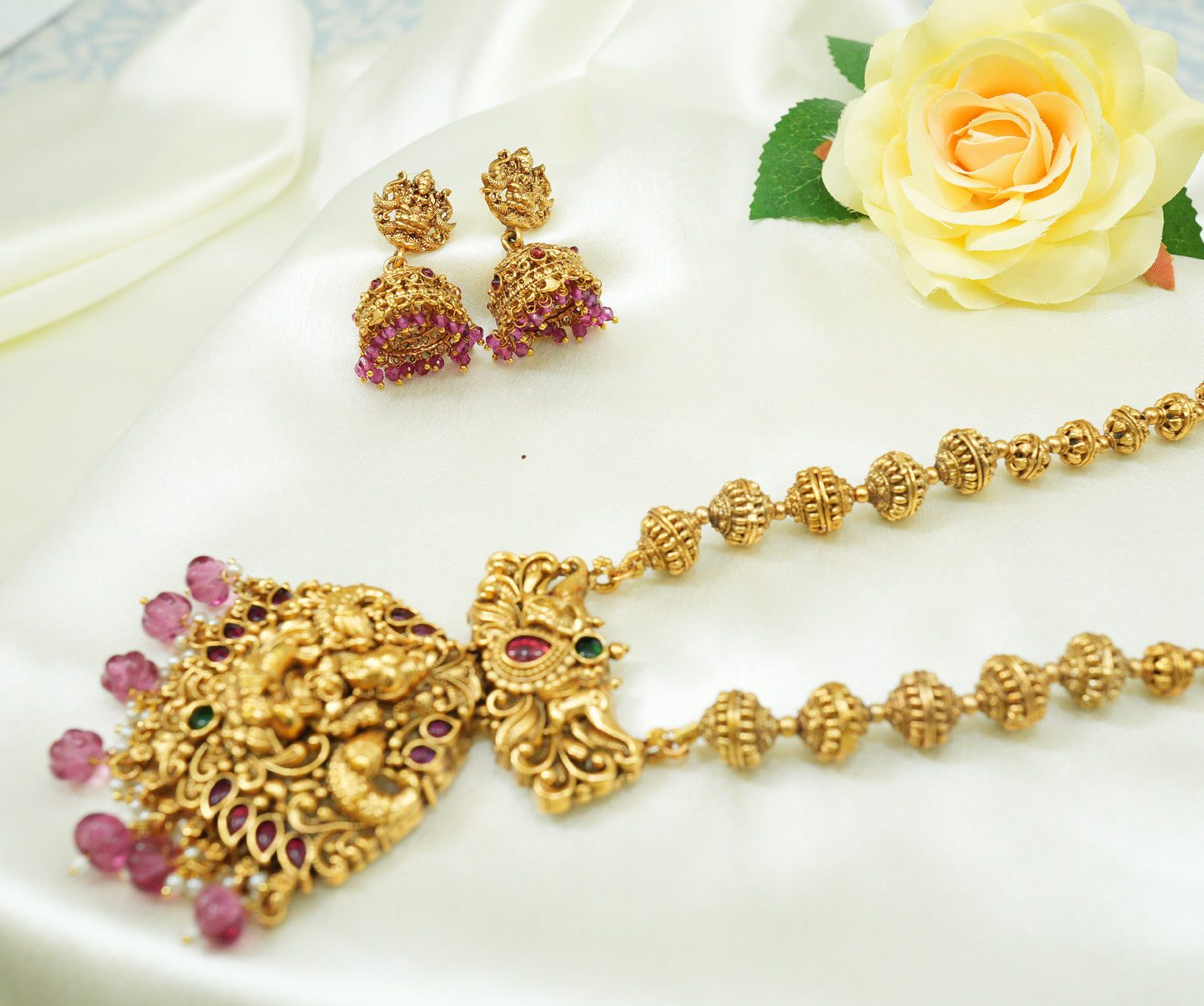 Goddess Lakshmi matte Pendent Set with pair of Jhumkies