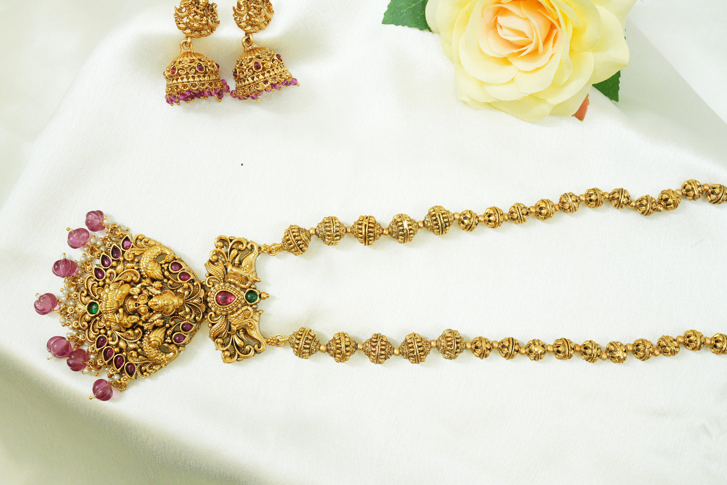 Goddess Lakshmi matte Pendent Set with pair of Jhumkies
