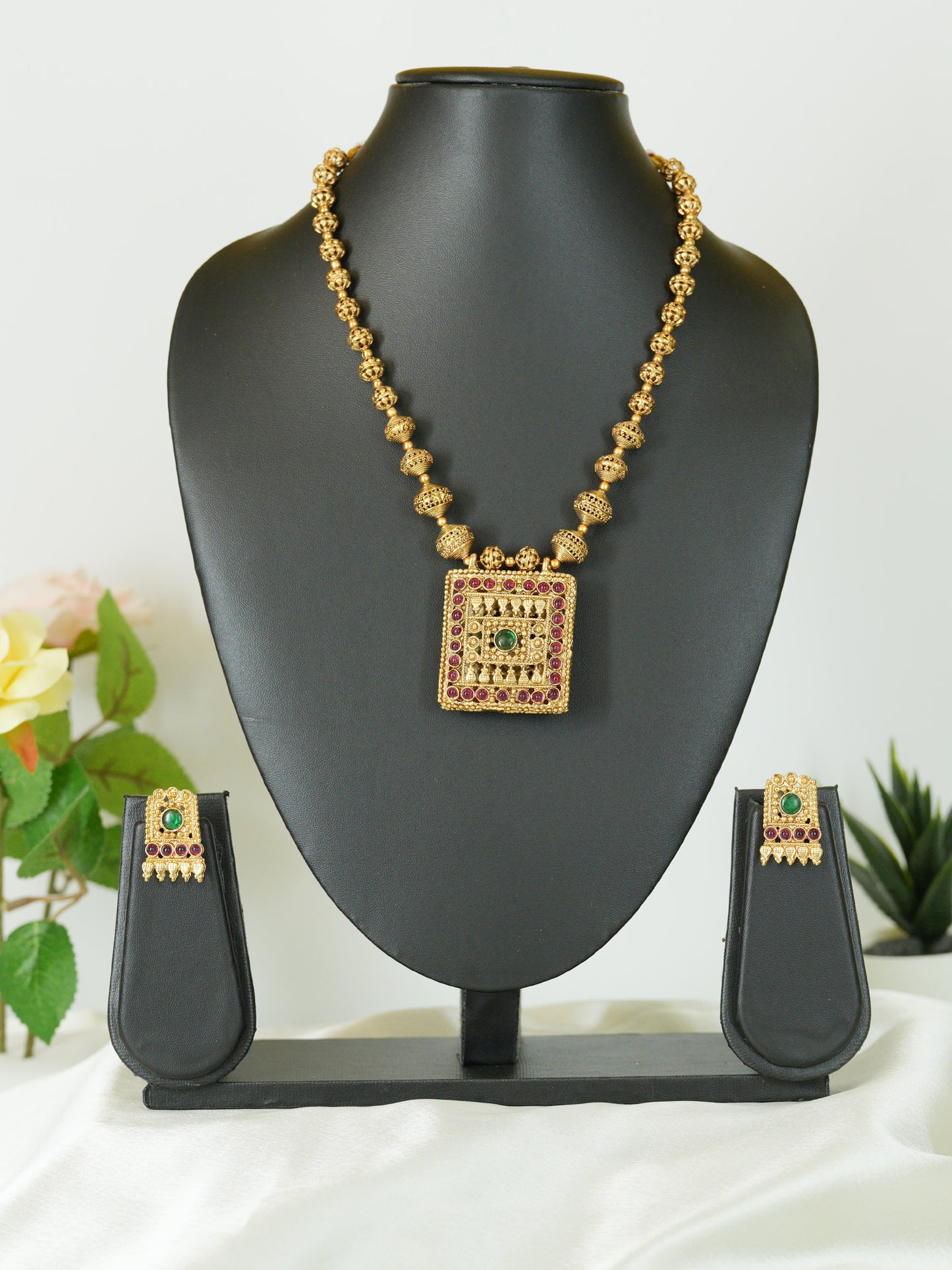 Reversible Temple Necklace Set with Dual Earrings