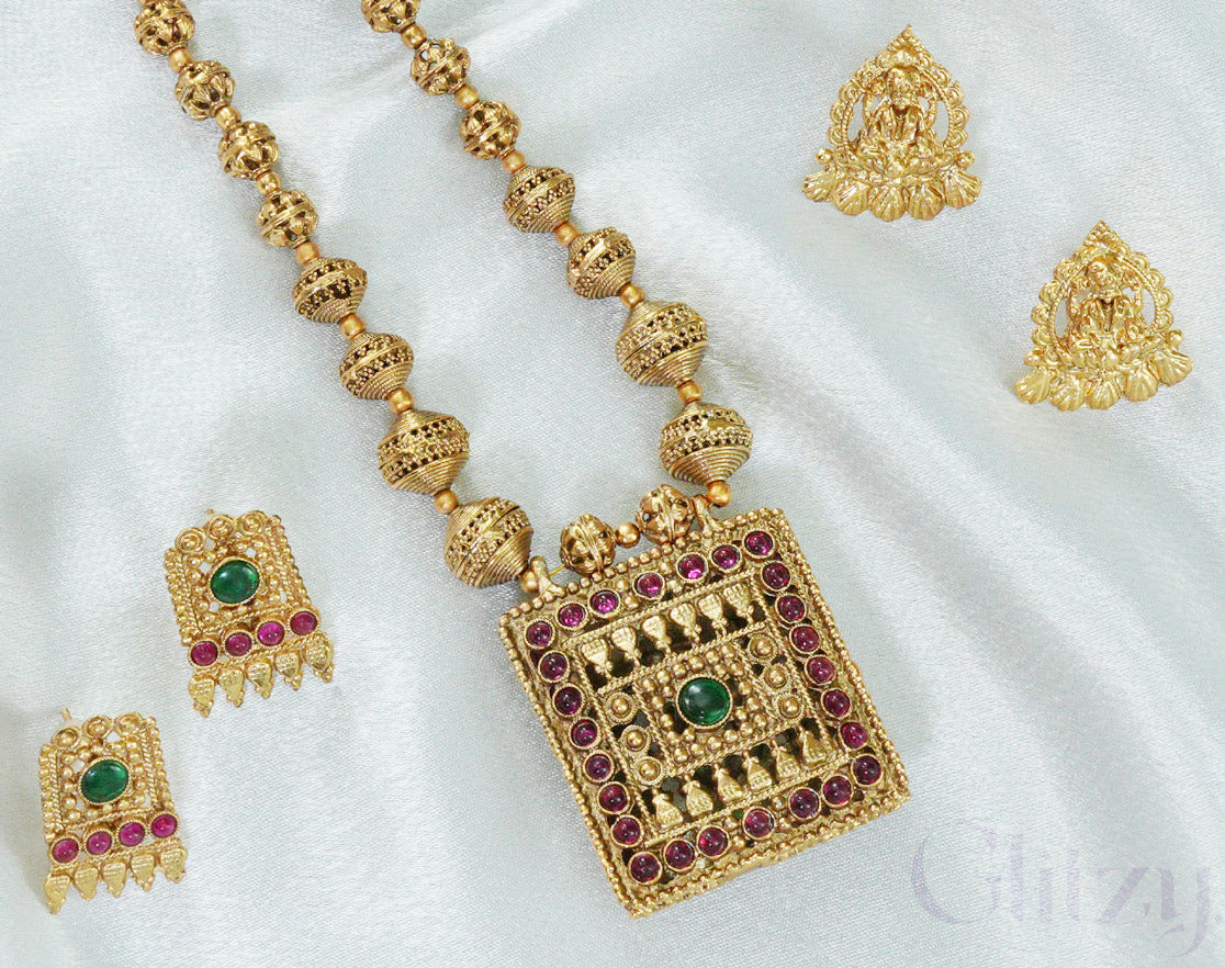 Reversible Temple Necklace Set with Dual Earrings