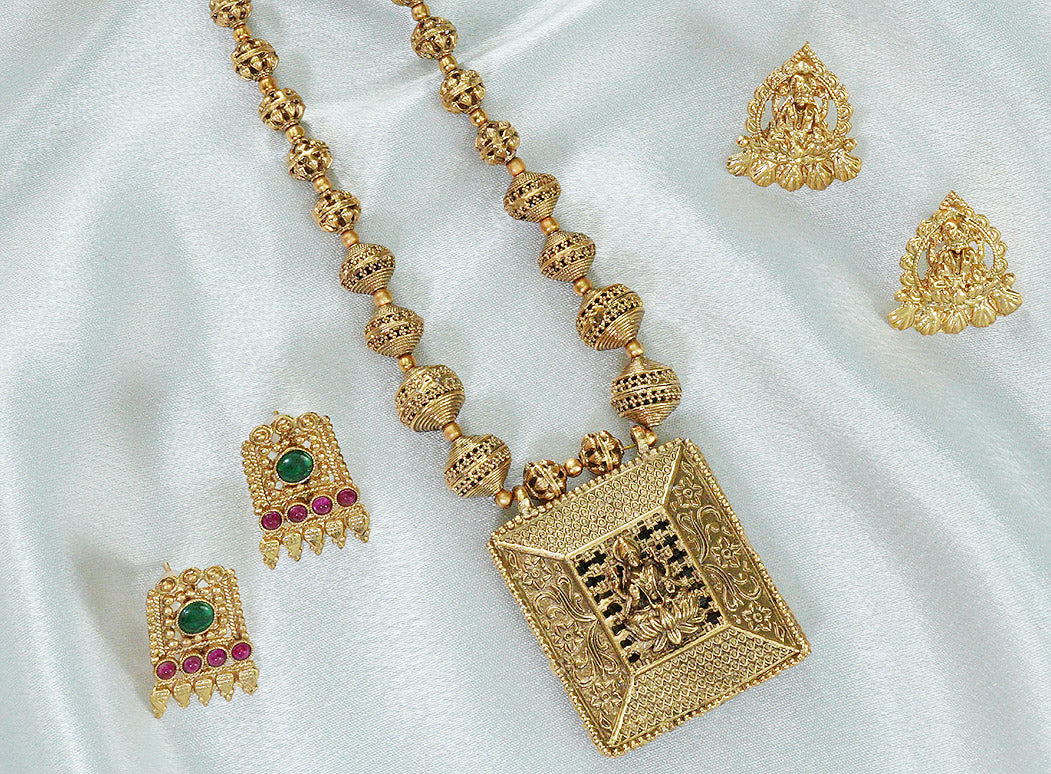Reversible Temple Necklace Set with Dual Earrings